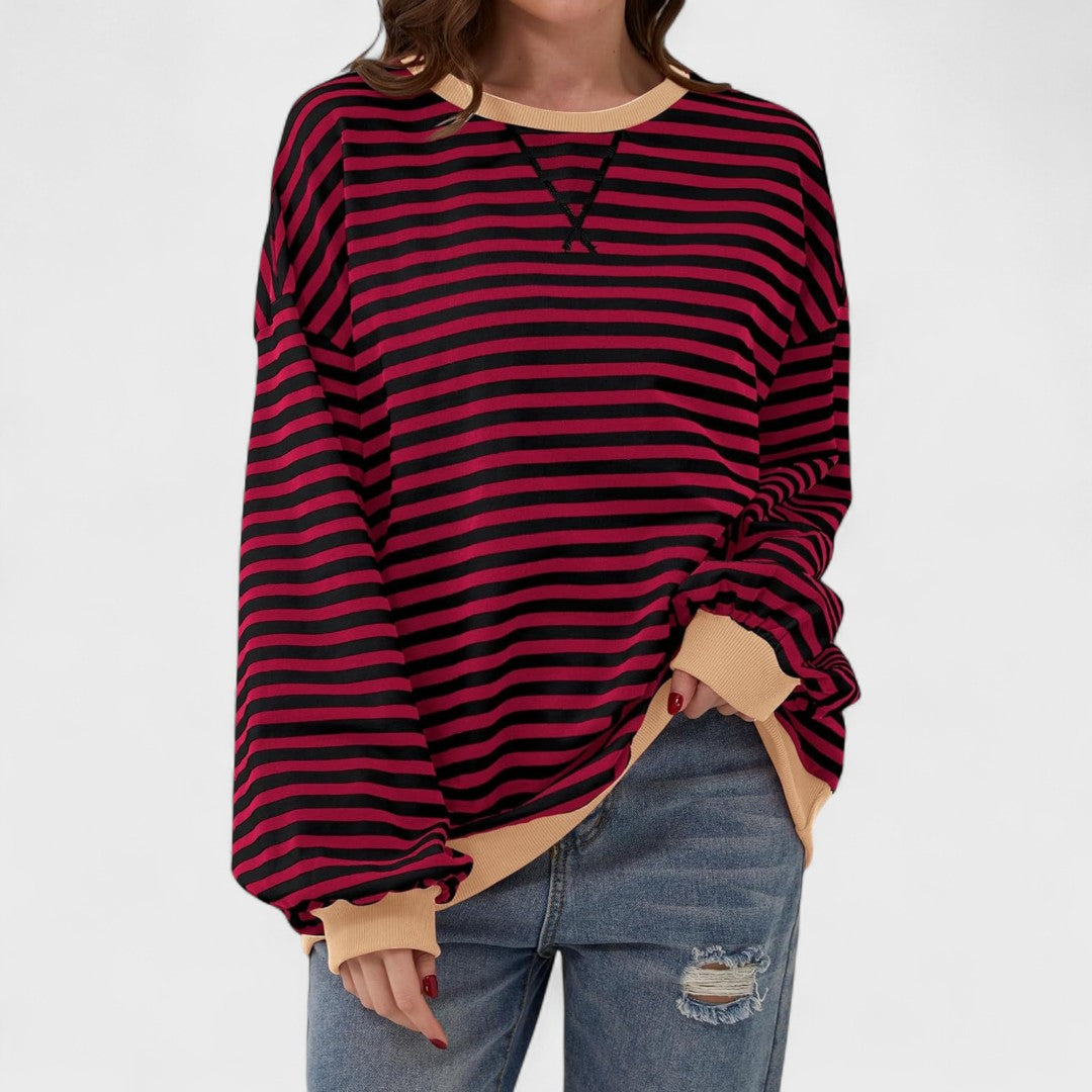 Anna - Casualna Bluza w Paski z Długim Rękawem