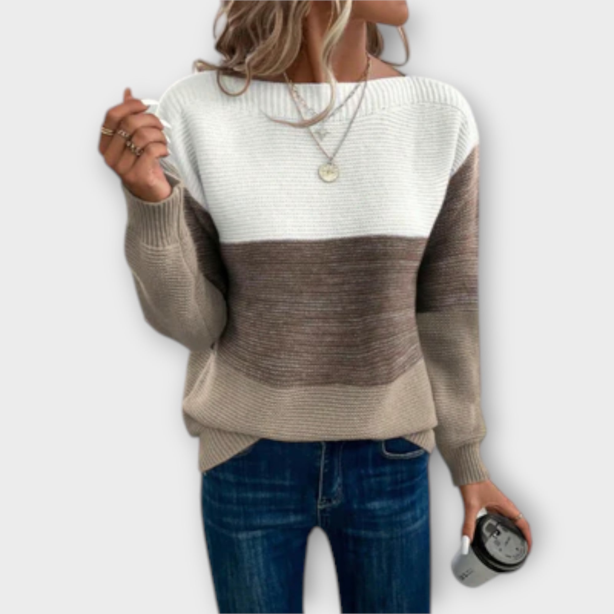 Elżbieta – Elegancki Sweter Patchwork w Trzech Kolorach