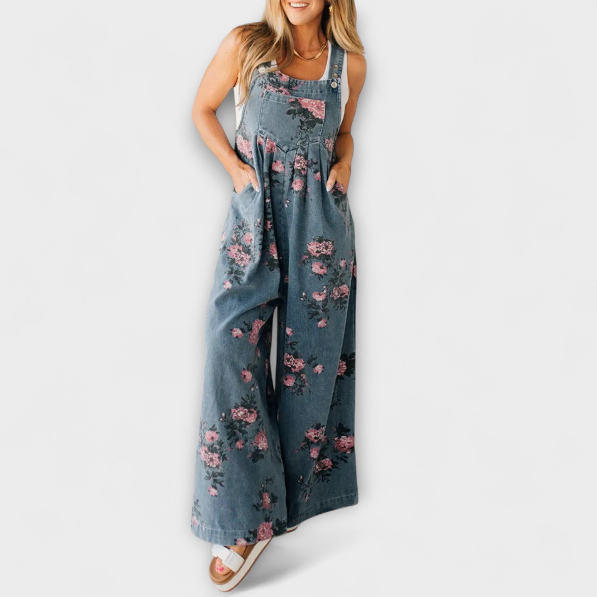 Karlin - Blumenmuster Weite Denim Latzhose