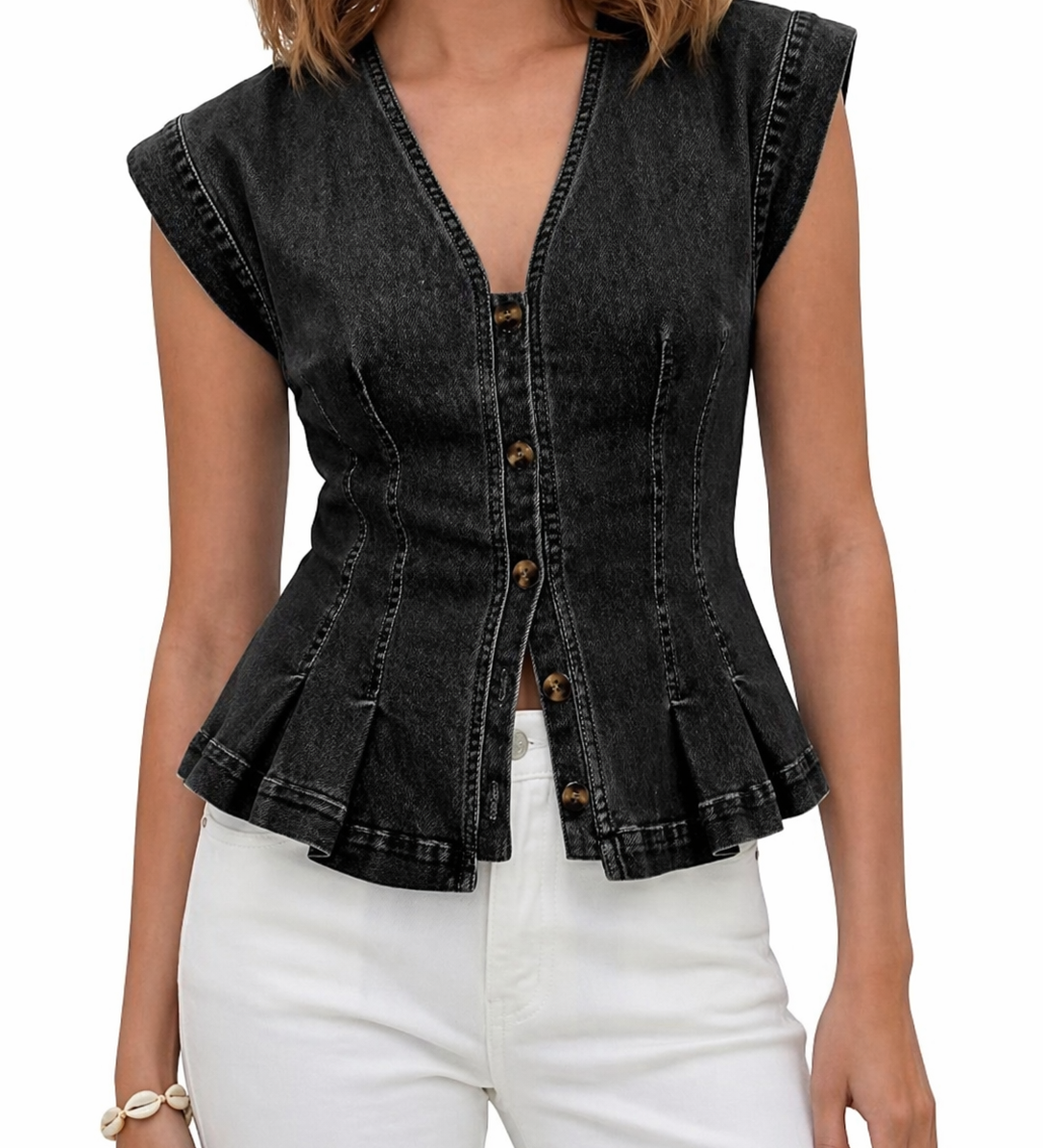 Wirginia - Top Denim z Dekoltem w Kształcie V