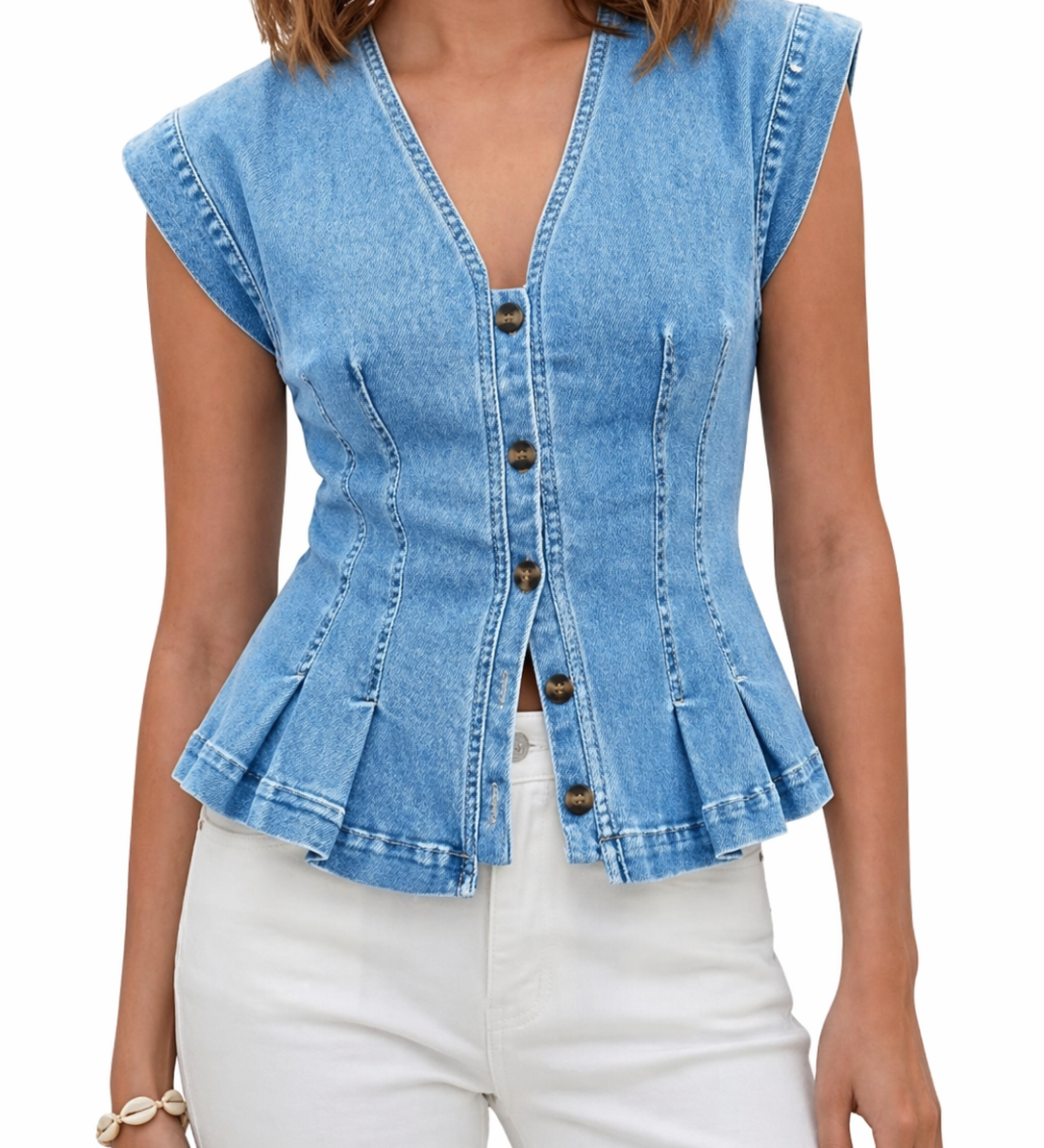 Wirginia - Top Denim z Dekoltem w Kształcie V