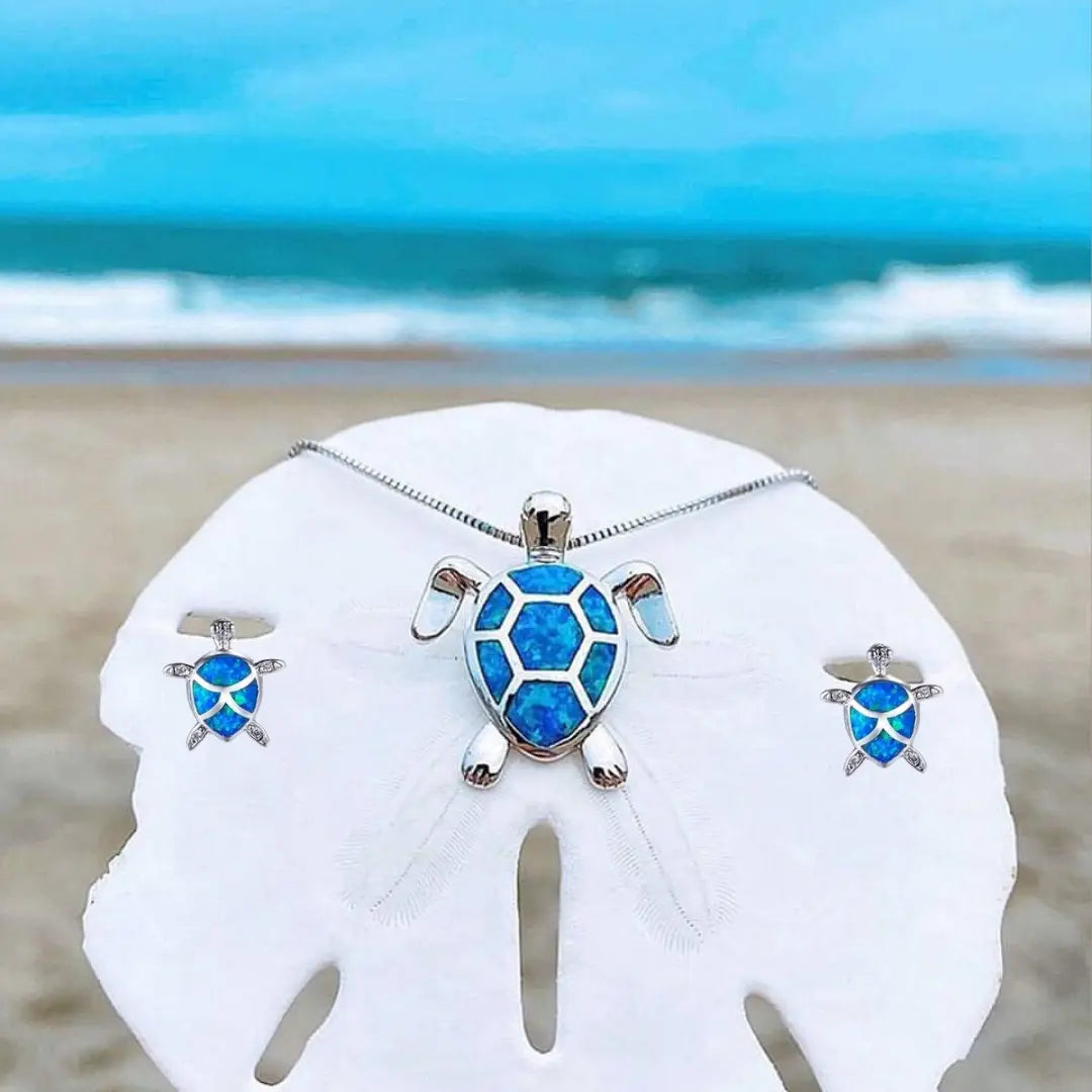 Set of Sea Turtle Necklace and Earrings in Opal and Silver