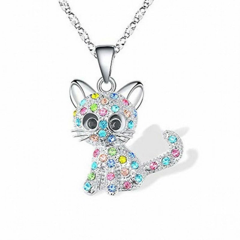 Silver Necklace with Kittens and Colourful Zirconias