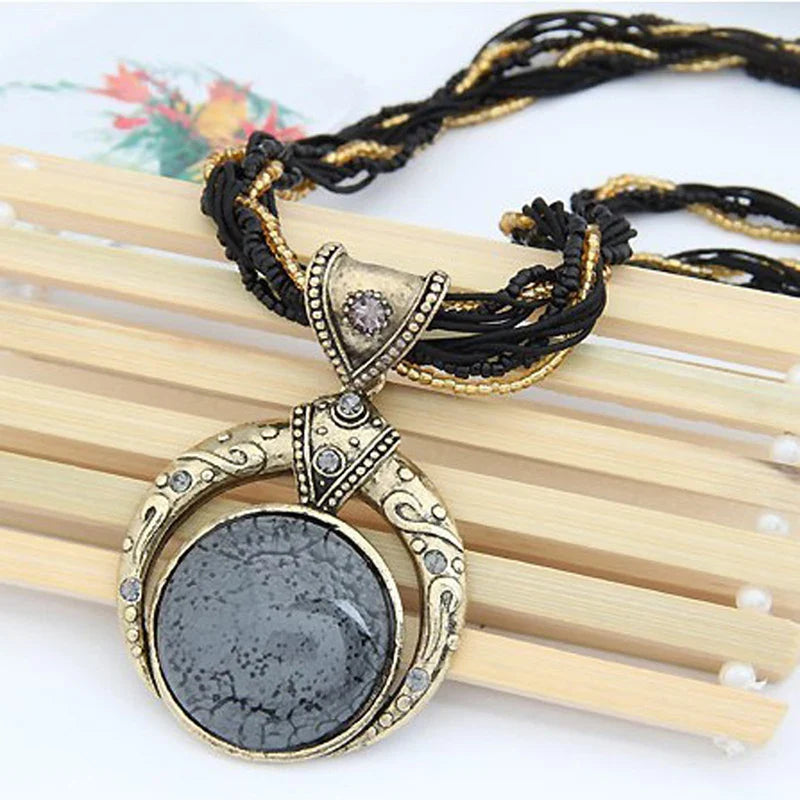 Vintage Necklace with Ethnic Green Crystal Pendant