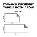 Tabela rozmiarów dywaników kuchennych – zestaw 1: 43 × 71 cm i 43 × 122 cm.