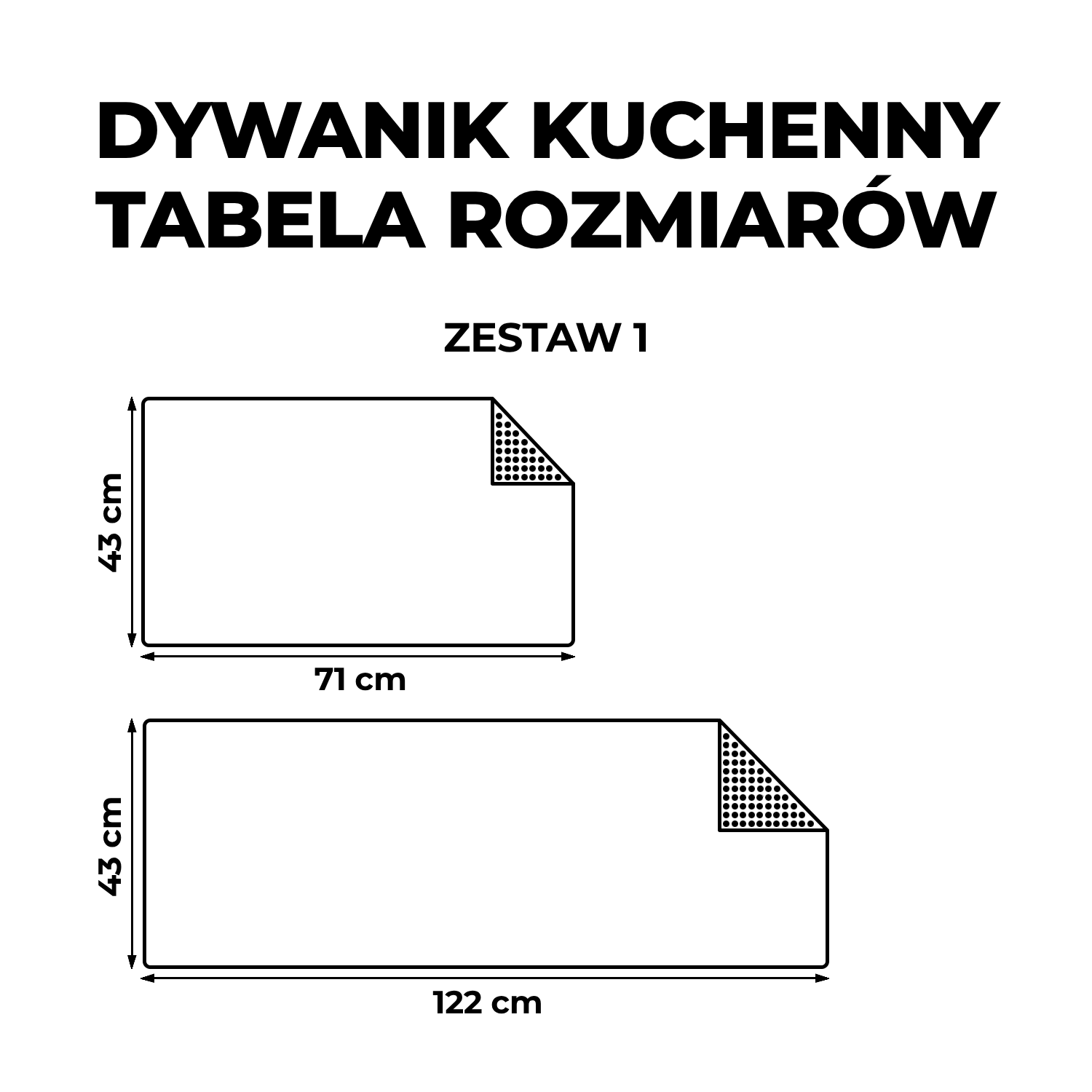 Tabela rozmiarów dywaników kuchennych – zestaw 1: 43 × 71 cm i 43 × 122 cm.
