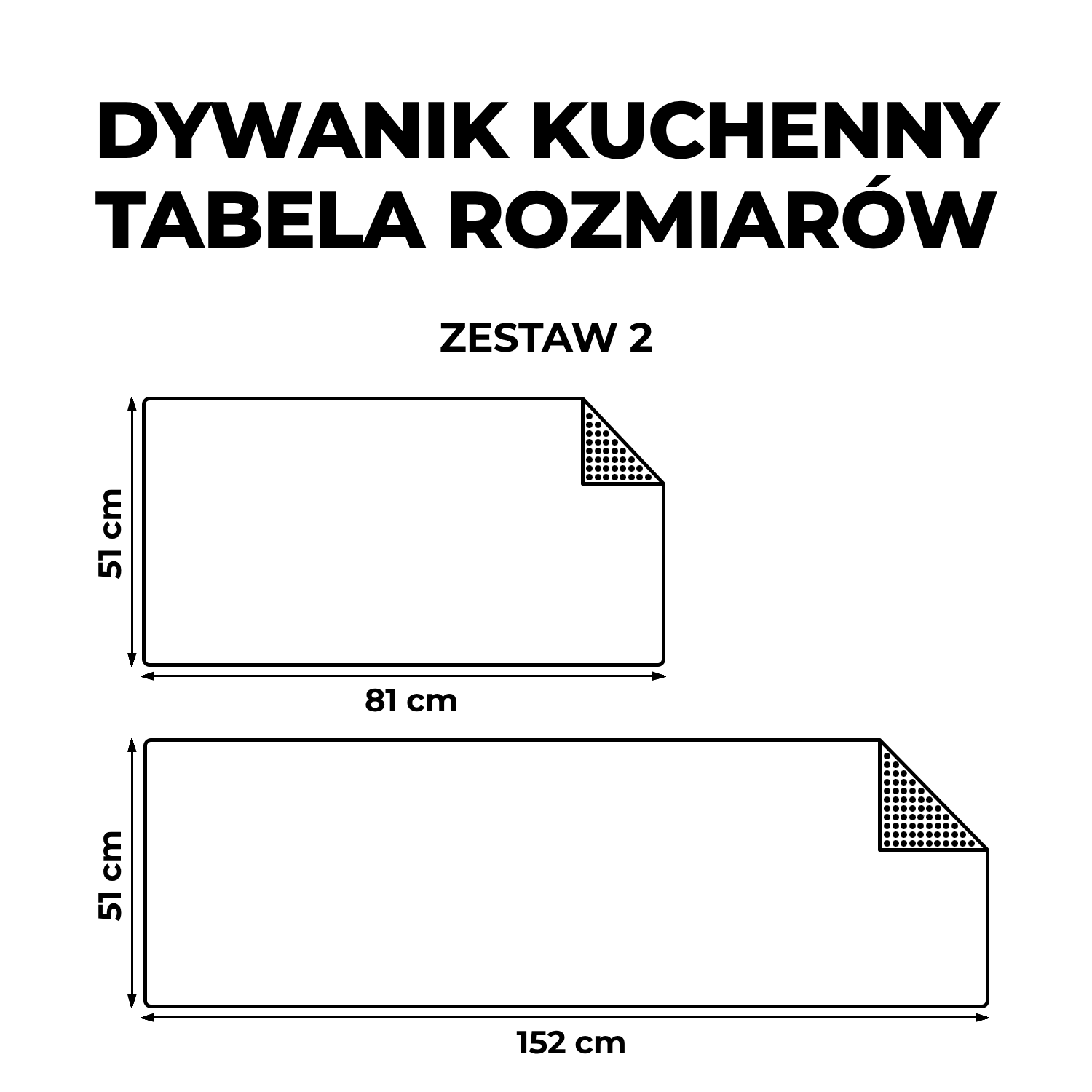Tabela rozmiarów dywaników kuchennych – zestaw 2: 51 × 81 cm i 51 × 152 cm.