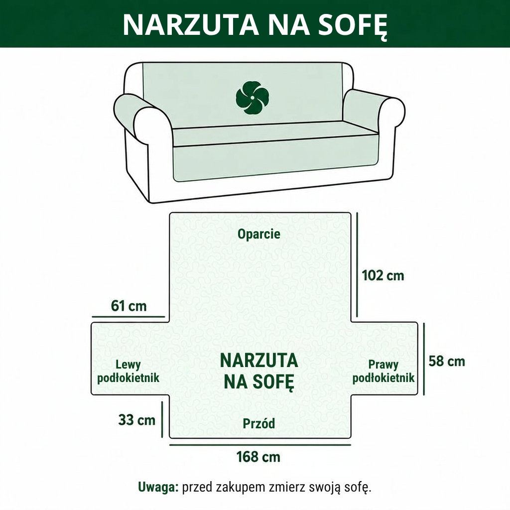 Wymiary narzuty na sofę z oparciem, siedziskiem i podłokietnikami.