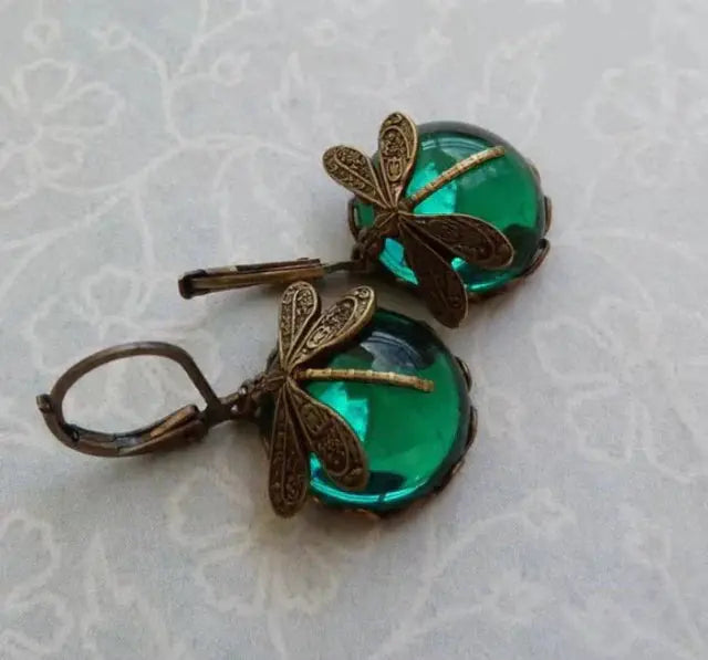 Dragonfly Sphere Earrings in Antique Gold