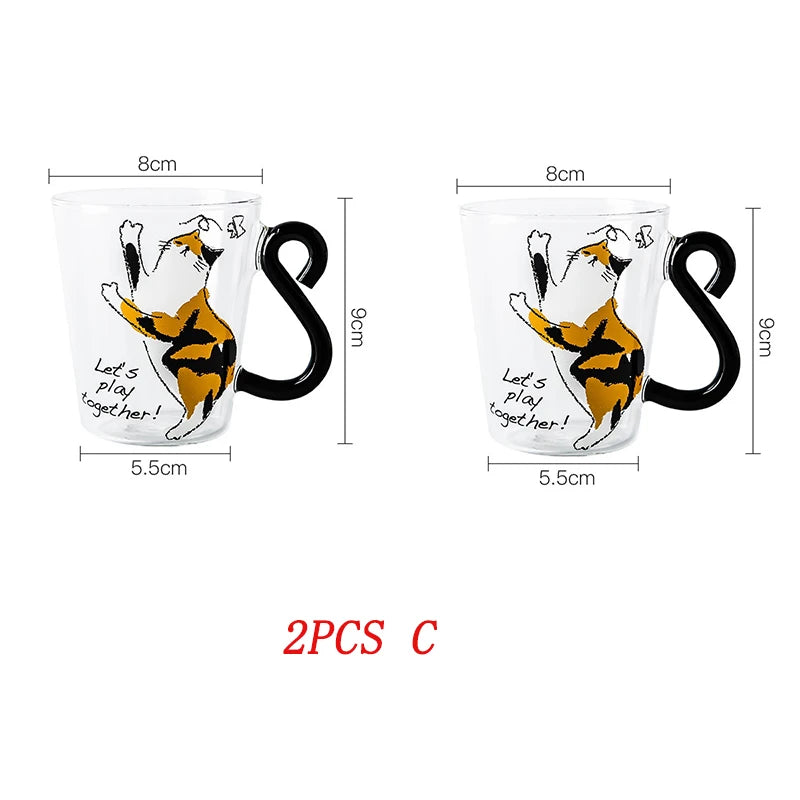 1-2pcs 250 ml Cute Black Cat Glass Coffee Mug Set Handgrip Animal Shaped Milk Water Juice Mugs Tea Cup Japanese Style Gift