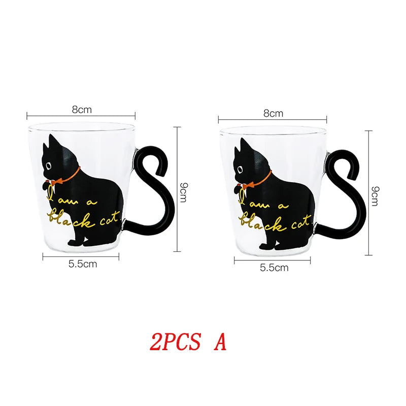 1-2pcs 250 ml Cute Black Cat Glass Coffee Mug Set Handgrip Animal Shaped Milk Water Juice Mugs Tea Cup Japanese Style Gift