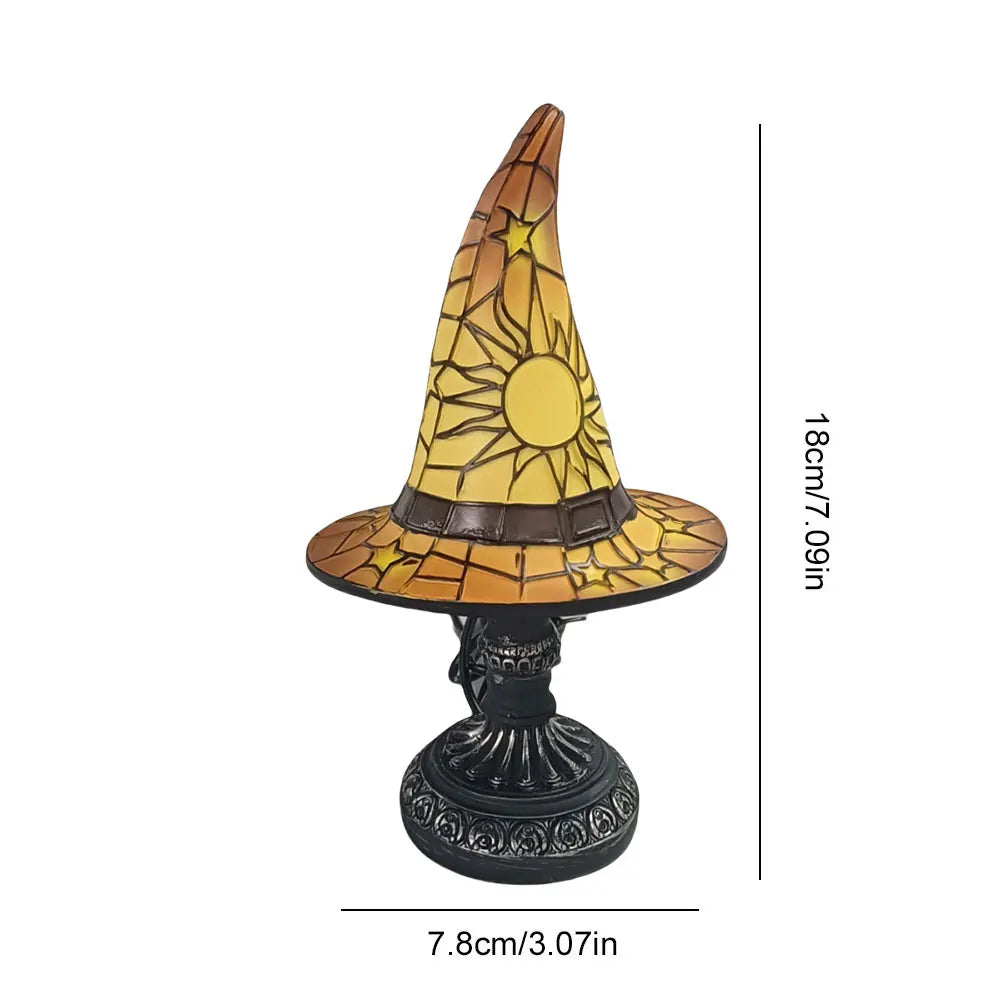 Resin Stained Glass Printed Witch Hat Lamp USB Powered Small Table Lamp Night Light for Living Room Bedroom Halloween Decoration