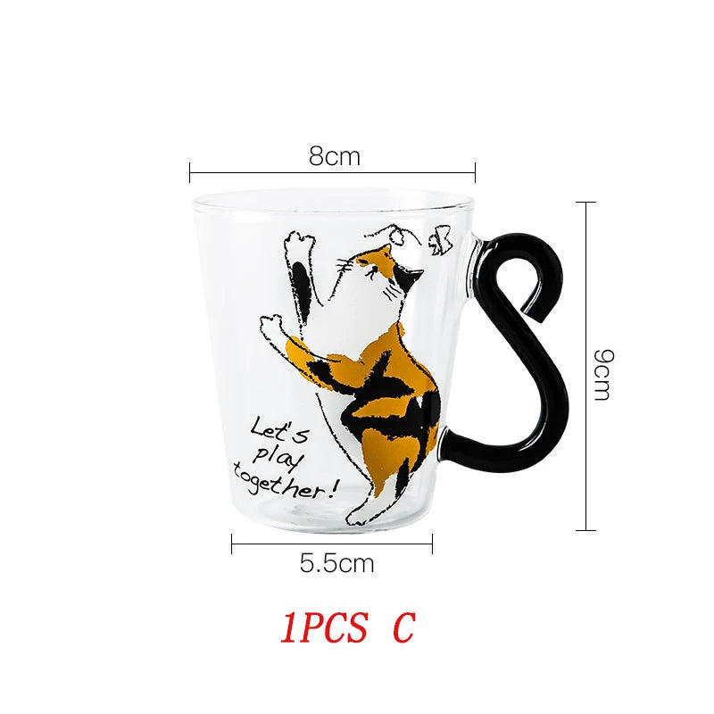 1-2pcs 250 ml Cute Black Cat Glass Coffee Mug Set Handgrip Animal Shaped Milk Water Juice Mugs Tea Cup Japanese Style Gift