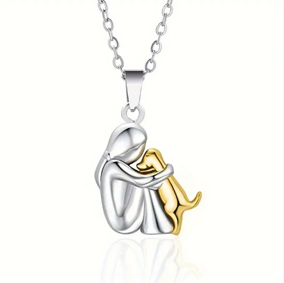 Necklace with Girl and Dog Embraced