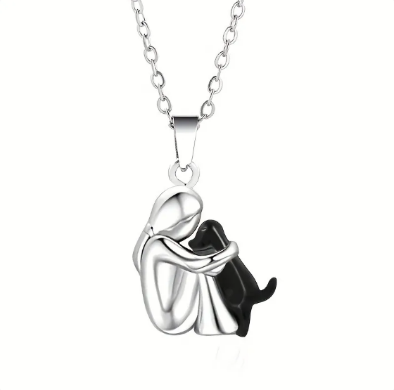 Necklace with Girl and Dog Embraced