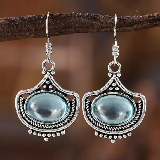 Vintage Necklace and Earring Set with Blue Oval Gemstones