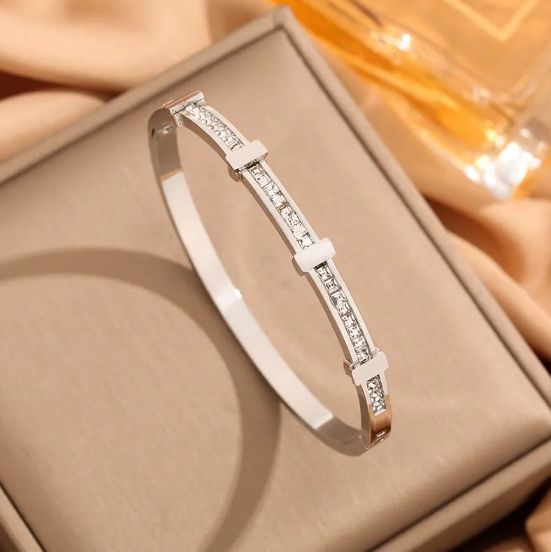 Simple Geometric Open Bracelet with Two Layers of Zirconia