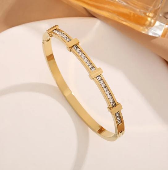 Simple Geometric Open Bracelet with Two Layers of Zirconia