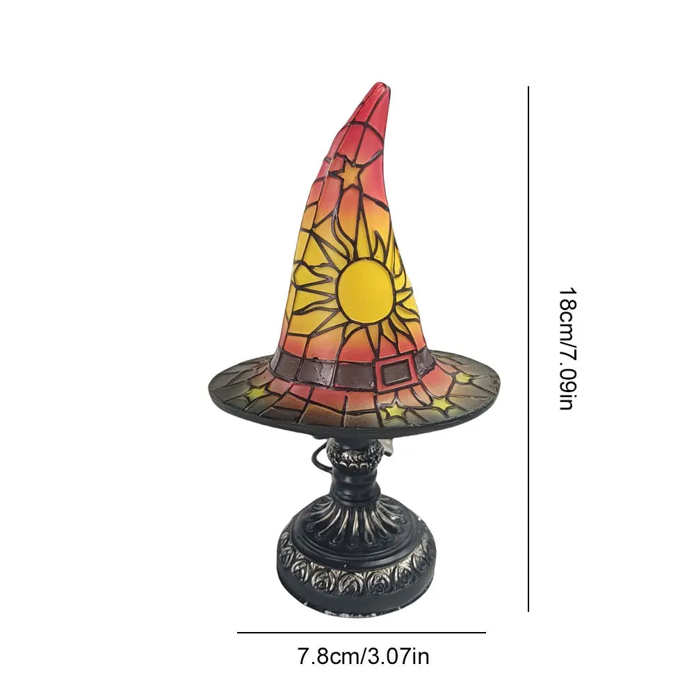 Resin Stained Glass Printed Witch Hat Lamp USB Powered Small Table Lamp Night Light for Living Room Bedroom Halloween Decoration