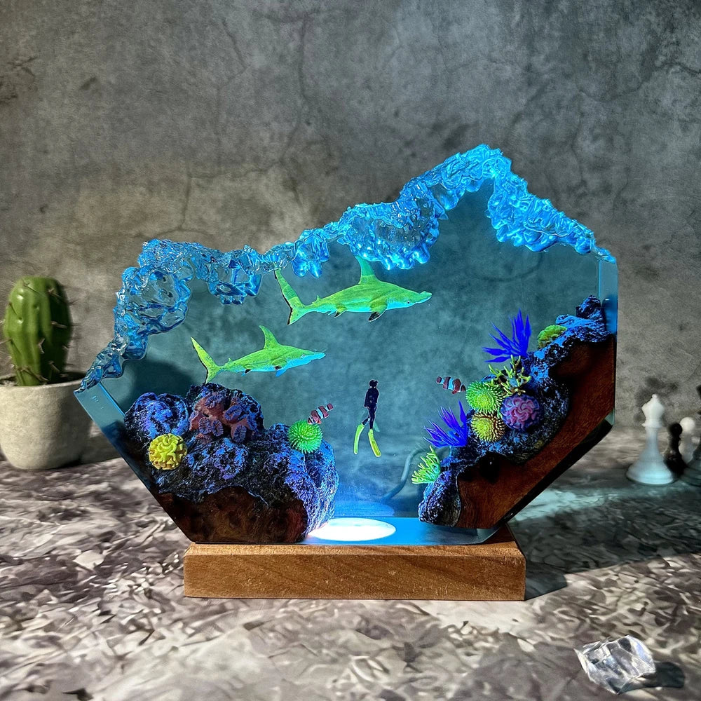 Underwater World Organism Resin Table Light Creactive Art Decoration Lamp Shark Shipwreck Theme Night Light  USB Charge