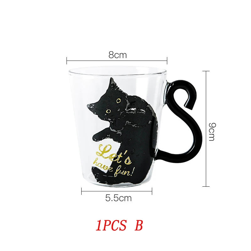 1-2pcs 250 ml Cute Black Cat Glass Coffee Mug Set Handgrip Animal Shaped Milk Water Juice Mugs Tea Cup Japanese Style Gift
