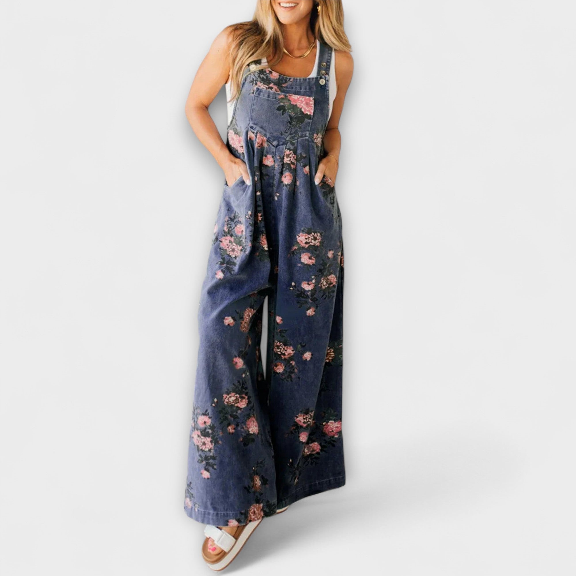 Karlin - Blumenmuster Weite Denim Latzhose
