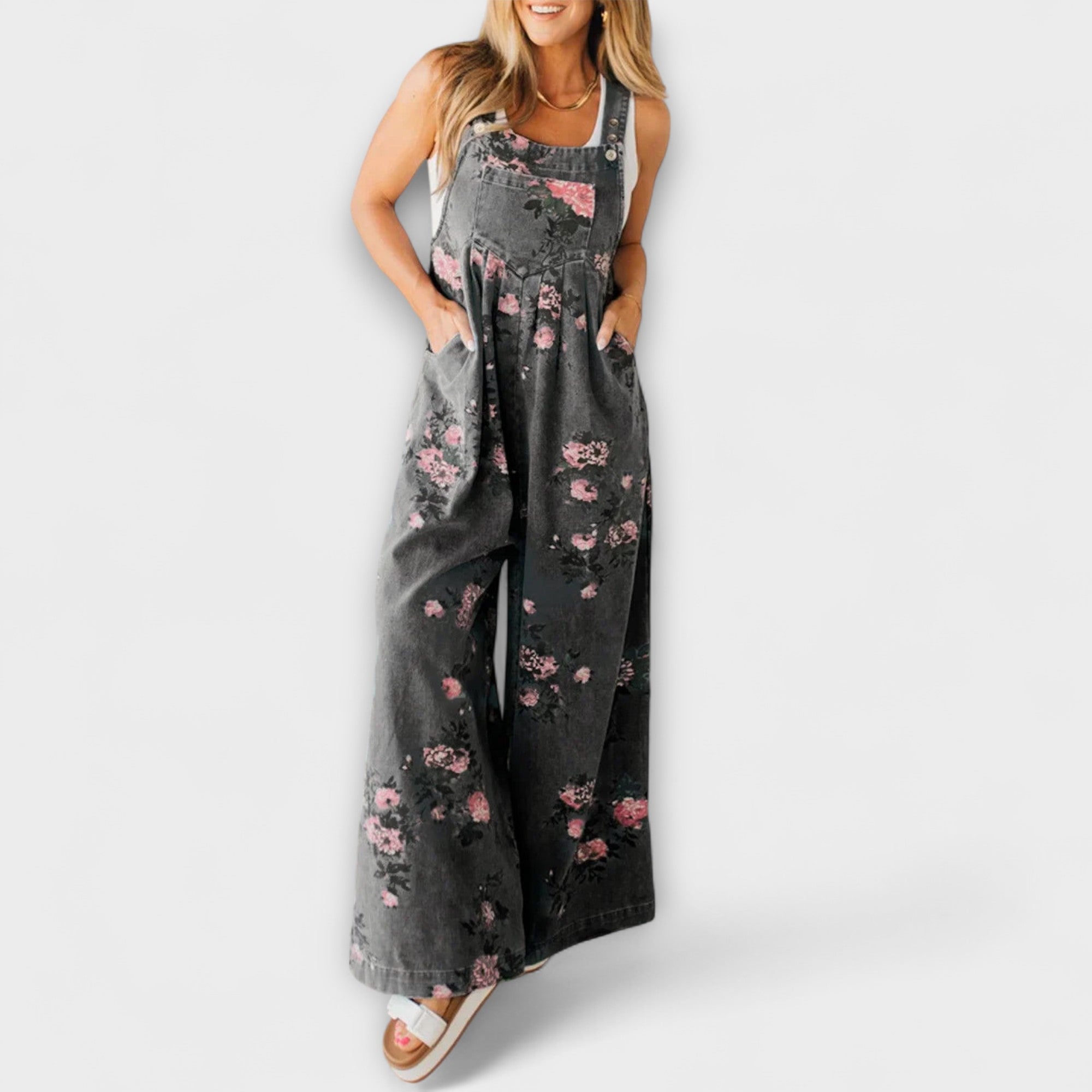 Karlin - Blumenmuster Weite Denim Latzhose