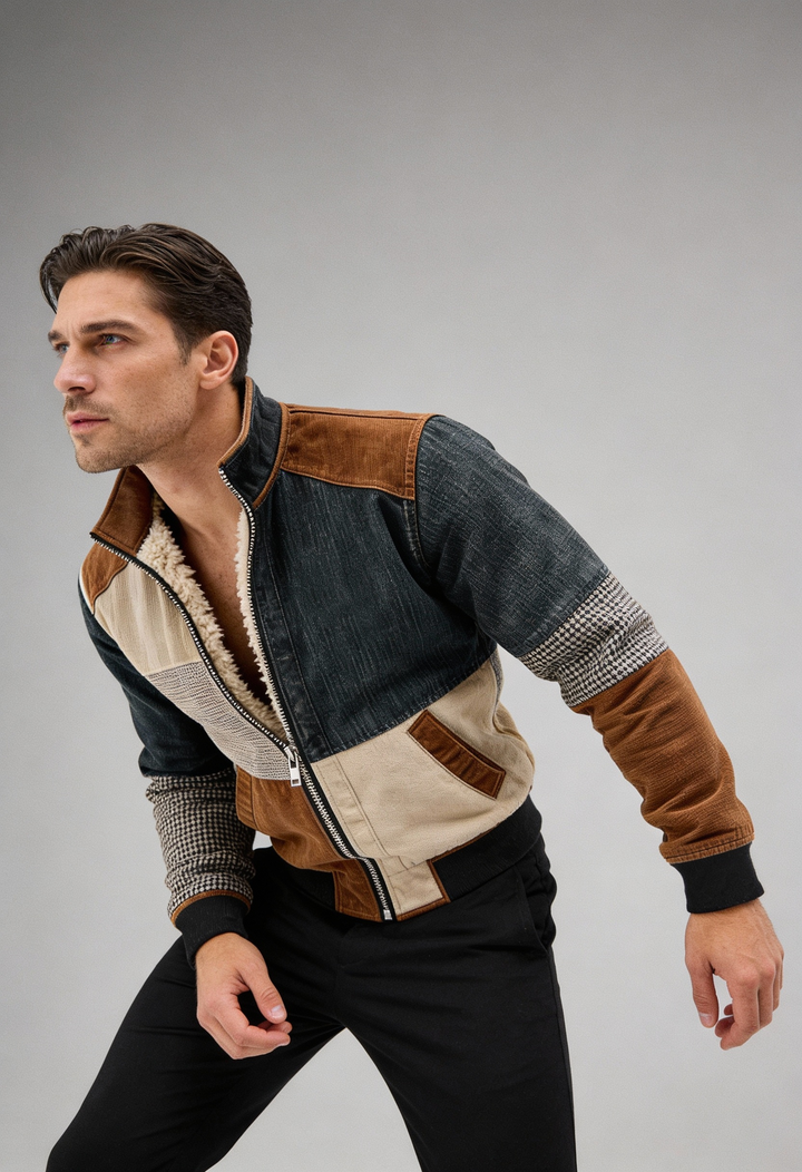 Fabian - Ciepła retro kurtka patchworkowa na zamek