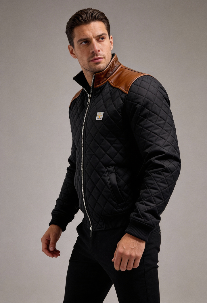 Adrian - Czarna kurtka matelassée z skórzanymi ramionami