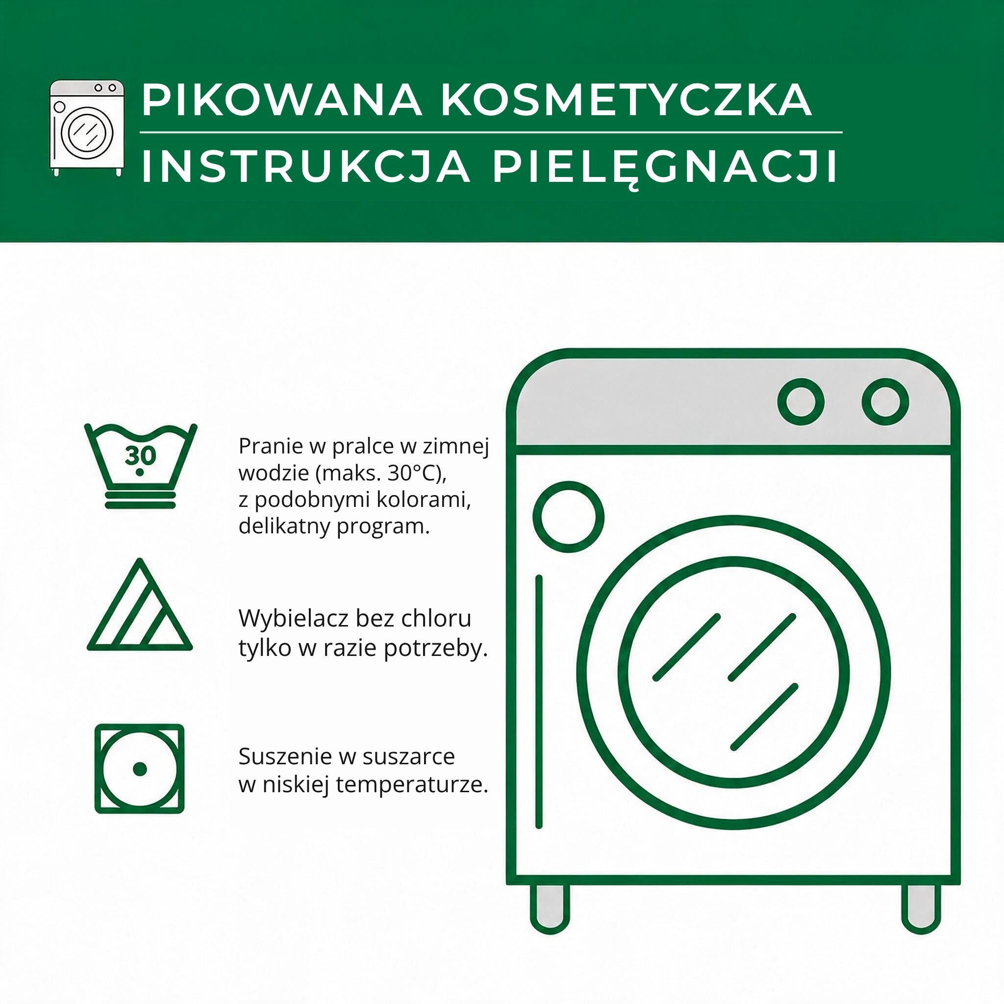 Instrukcja pielęgnacji pikowanej kosmetyczki.