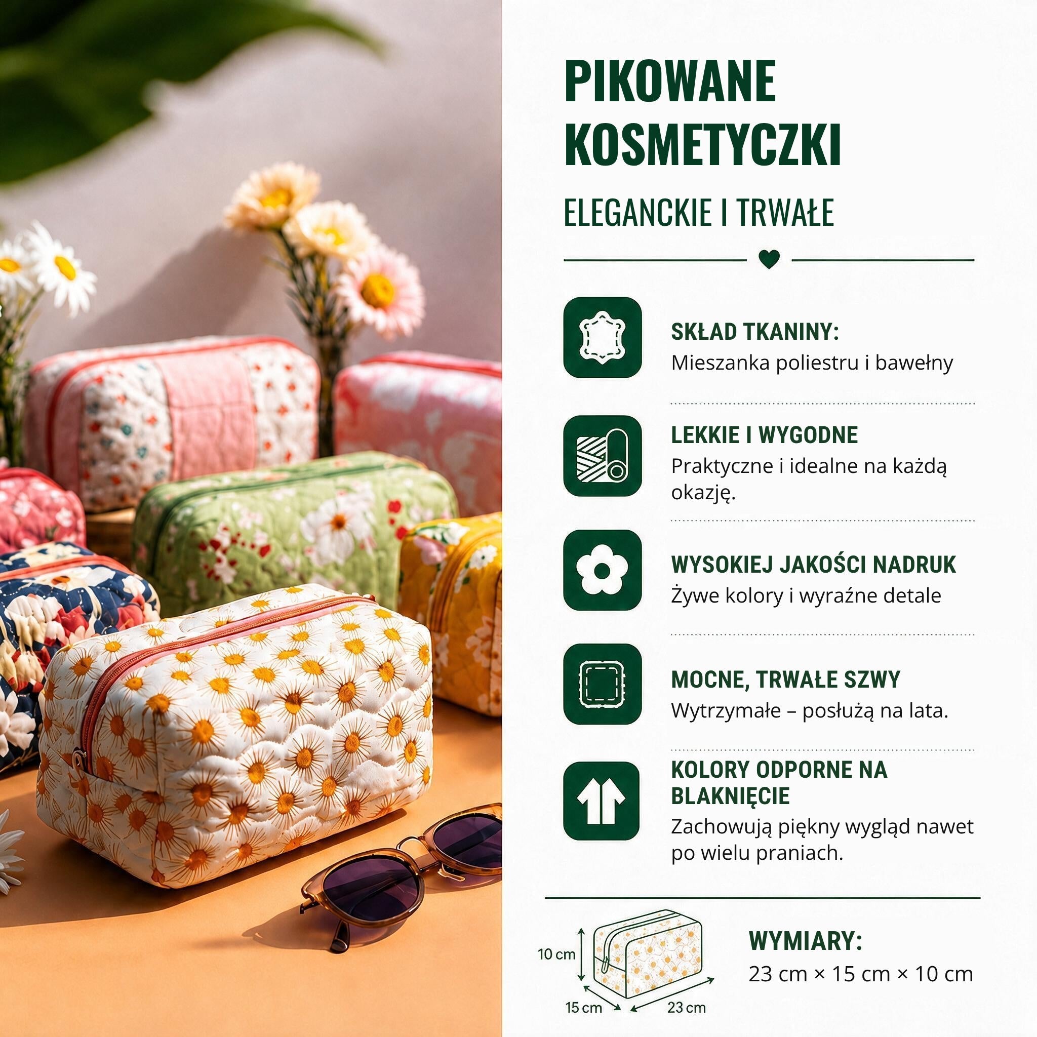 Pikowane kosmetyczki w kwiatowe wzory – eleganckie i trwałe.