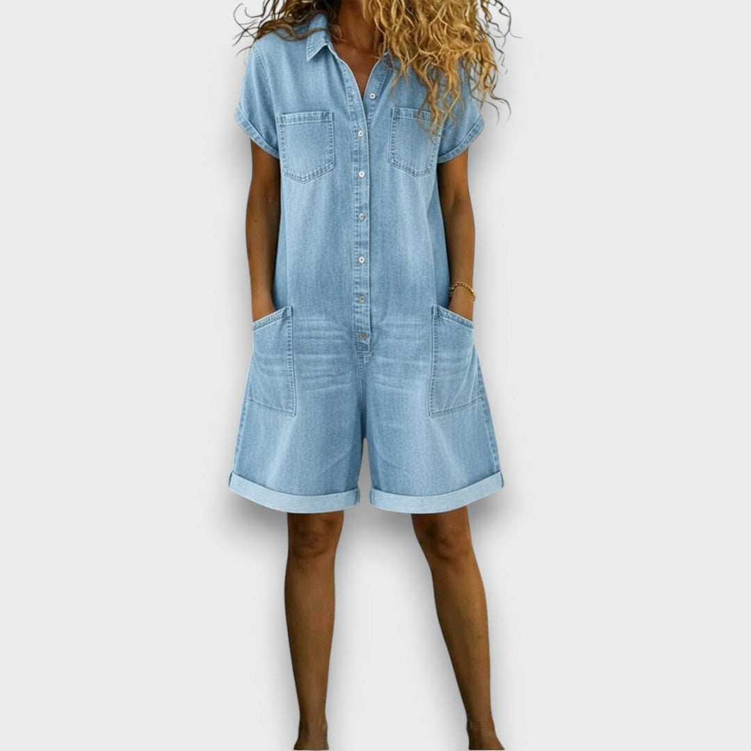Klara - Krótki vintage kombinezon bawełnowy z efektem denimu