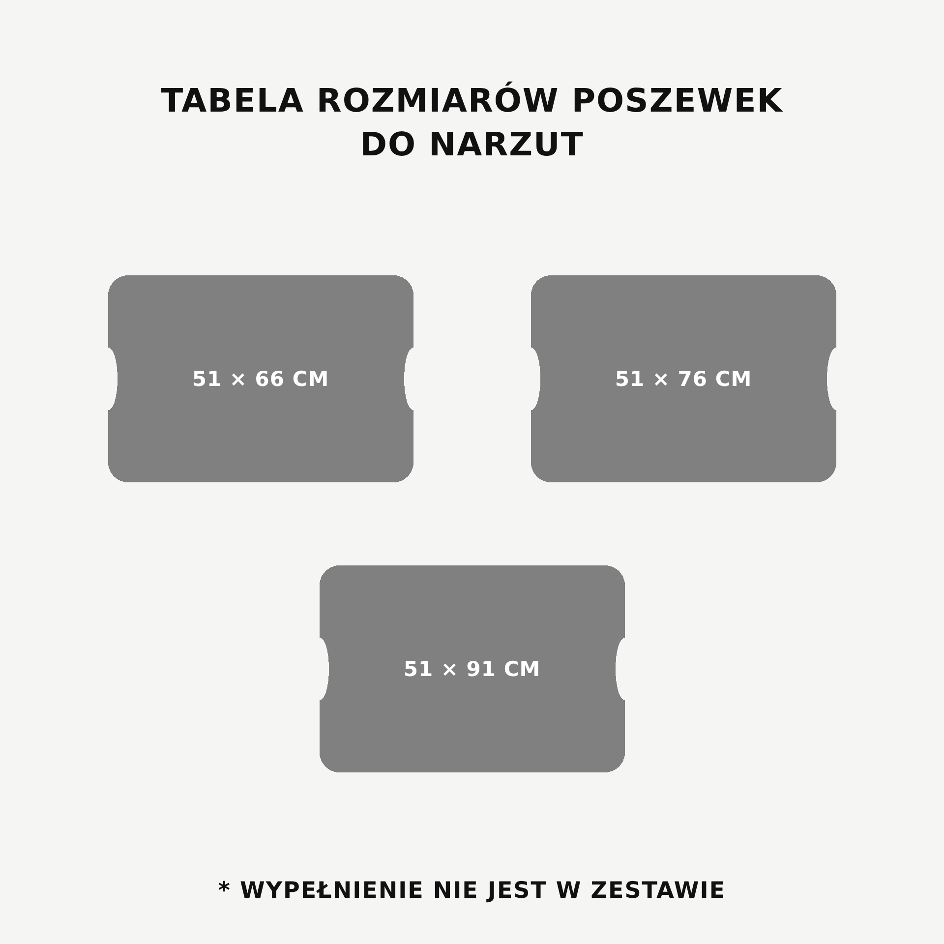 Tabela rozmiarów poszewek do narzut: 51 × 66, 51 × 76 i 51 × 91 cm.