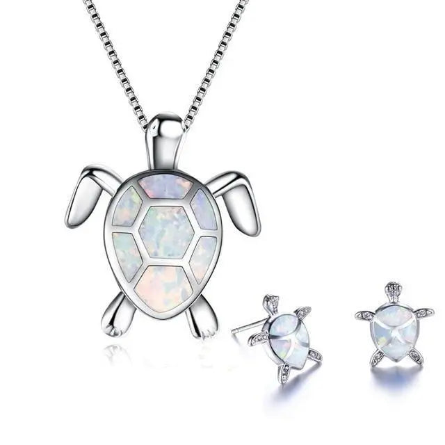 Set of Sea Turtle Necklace and Earrings in Opal and Silver
