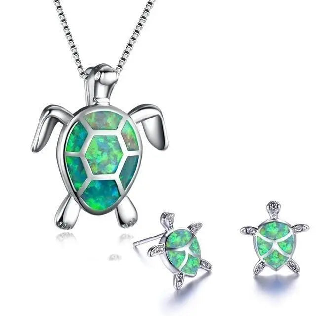 Set of Sea Turtle Necklace and Earrings in Opal and Silver