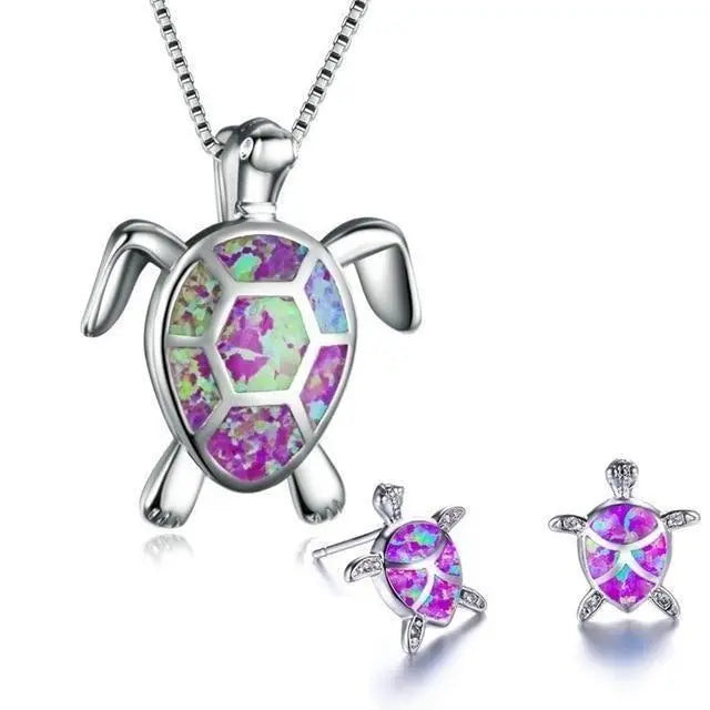 Sea Turtle Necklace and Earring Set in Opal and Silver