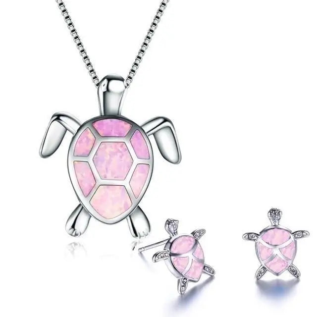 Set of Sea Turtle Necklace and Earrings in Opal and Silver